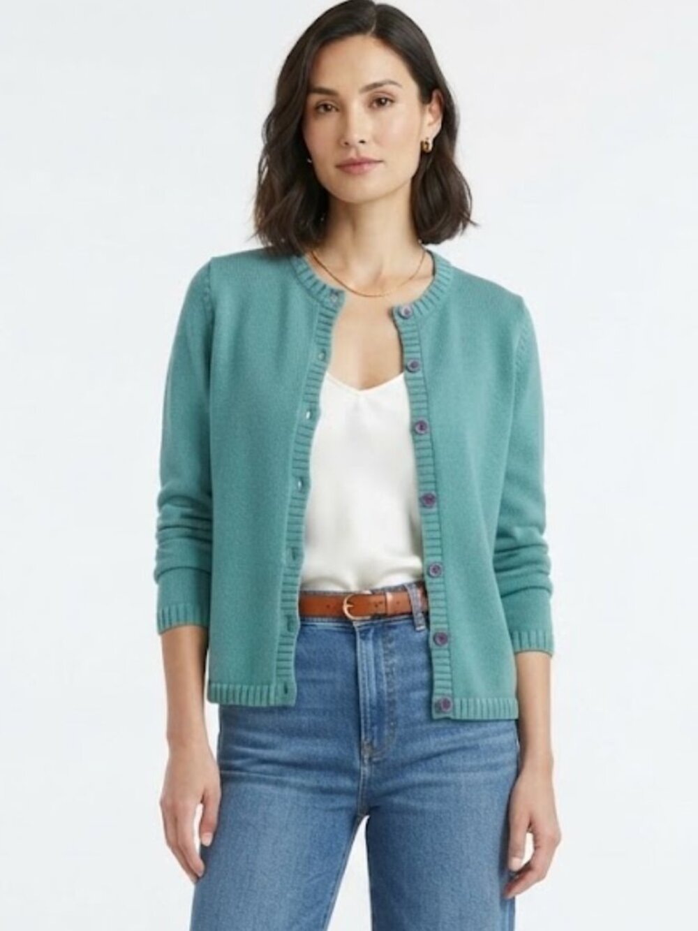 Vintage 90s L.L.Bean Teal Cotton Knit Crewneck Button Cardigan Sweater Size M
